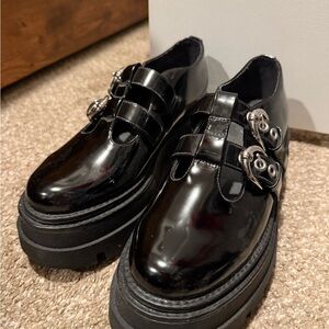 Circus by Sam Edelman Black Patent Mary Jane Loafers with Silver Buckles